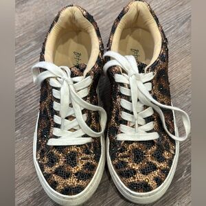 Betsey Johnson Leopard Sequin Sneakers in Brown, Black & Cream